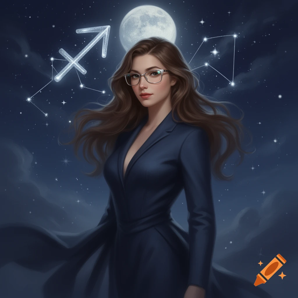 A woman with long brown hair and glasses stands under a full moon, with the Sagittarius zodiac symbol and constellations in the starry night sky.