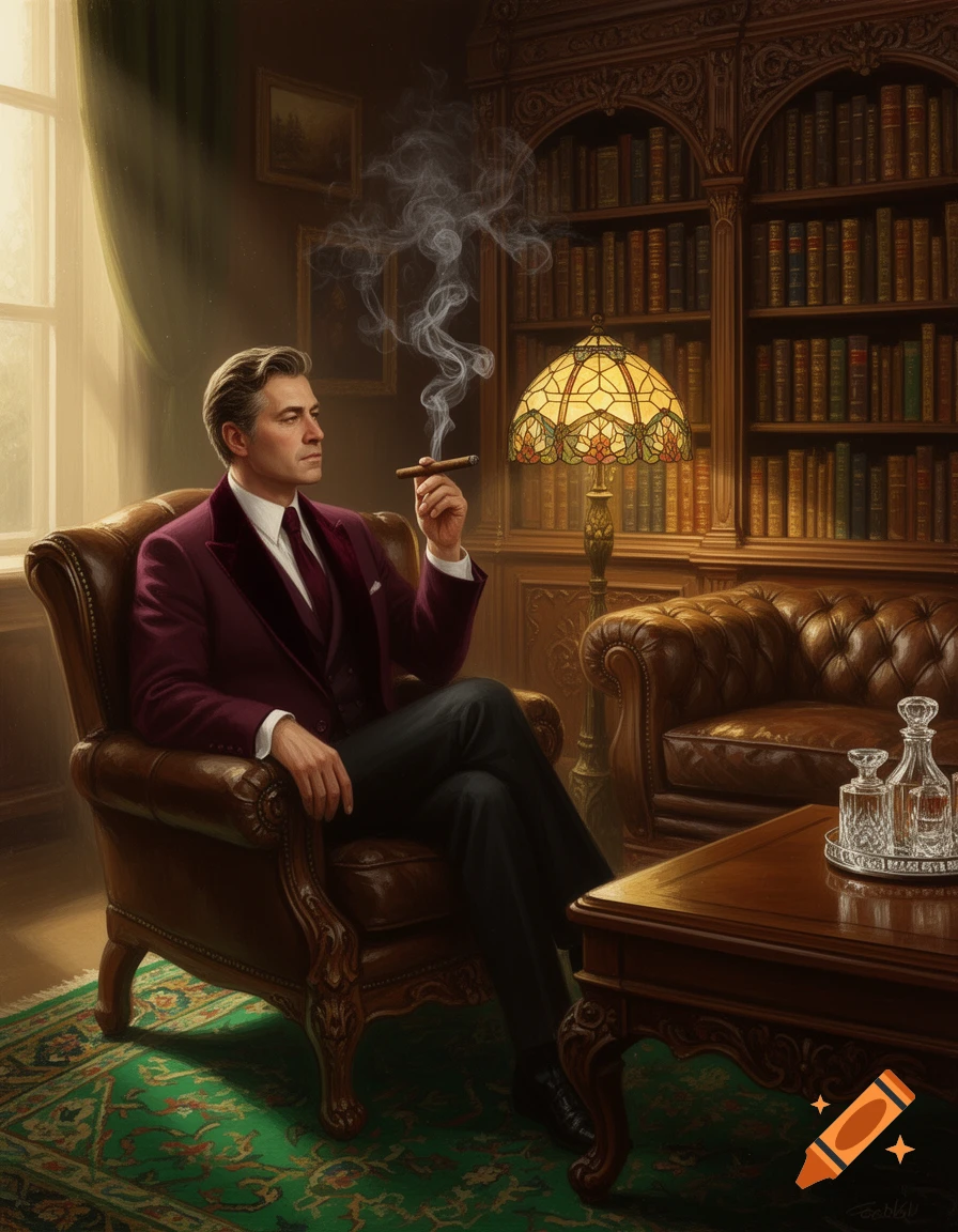 A man in a burgundy suit sits in a leather armchair, smoking a cigar in a luxurious study with bookshelves and a Tiffany lamp.