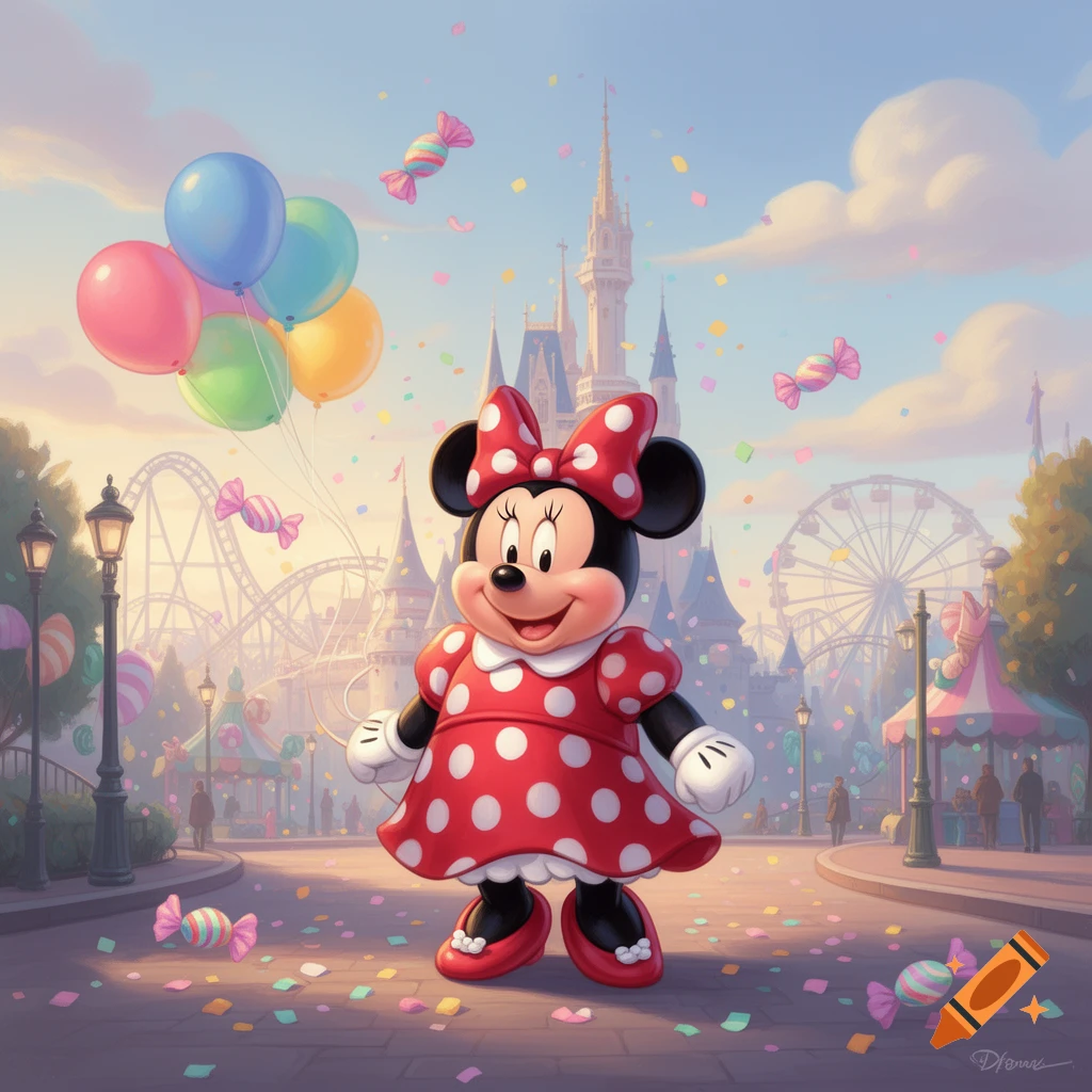 Smiling Minnie Mouse stands in a colorful theme park filled with balloons, confetti, candy, a castle, roller coaster, and Ferris wheel.