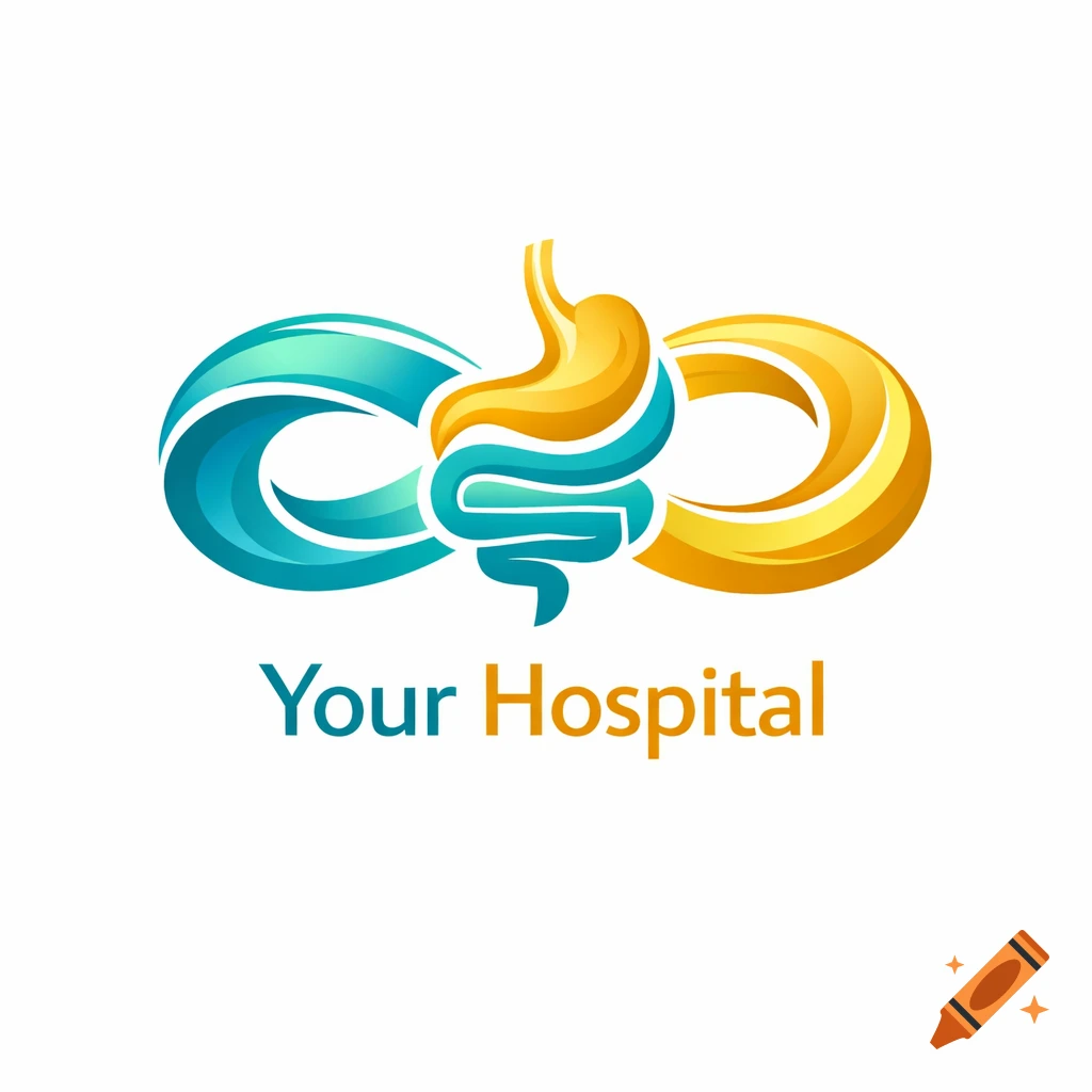 Modern medical logo with stylized blue and yellow flowing shapes, depicting a stomach and intestine, and the text 'Your Hospital'.