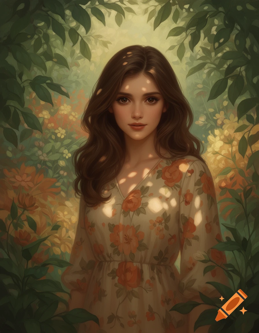 A painterly portrait of a young woman with long brown hair, wearing a floral dress, standing among lush green foliage and flowers with dappled sunlight.