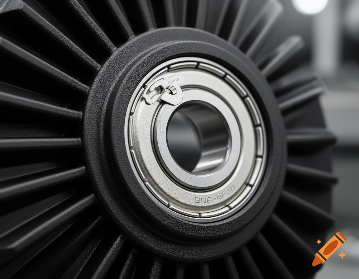 Extreme close-up macro photograph of a black V-belt pulley with radial cooling fins, featuring a stainless steel ball bearing and C-clip in the center.