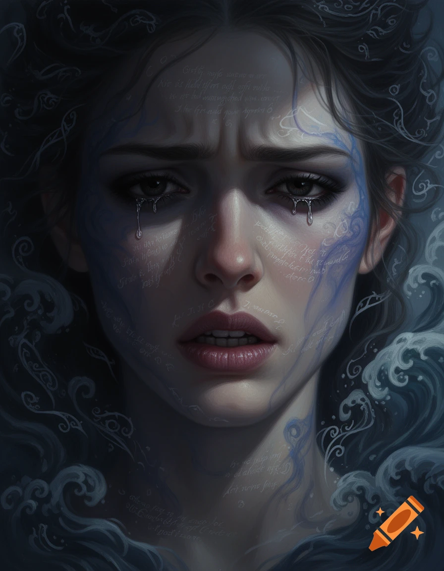 Close-up portrait of a crying woman with illegible text and swirling blue wave patterns on her face and hair, looking tormented.