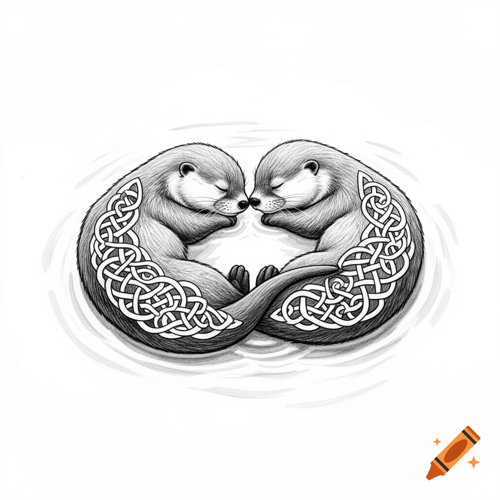 Black and white ink drawing of two sleeping otters curled in a circle, adorned with intricate Celtic knot patterns.