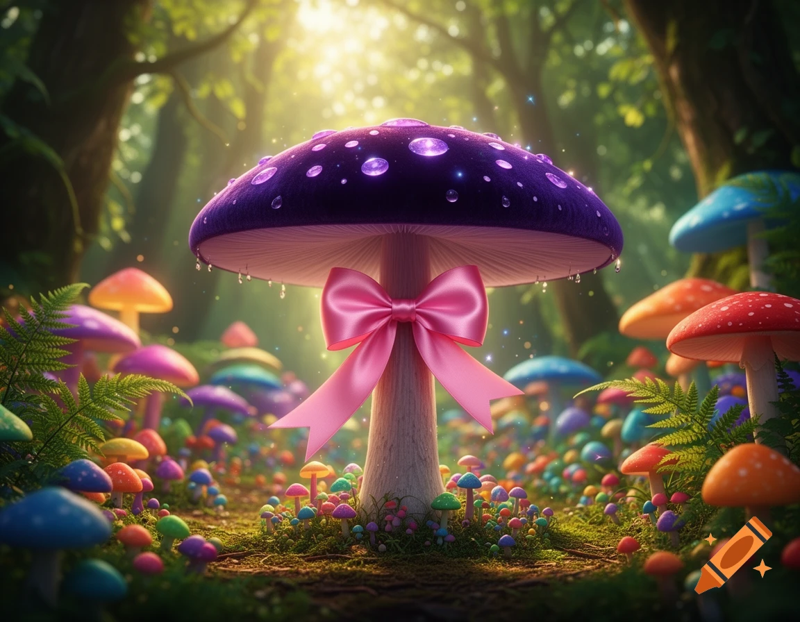 A vibrant fantasy forest with a large purple mushroom adorned with a pink bow, surrounded by smaller colorful mushrooms under a bright sunlit canopy.