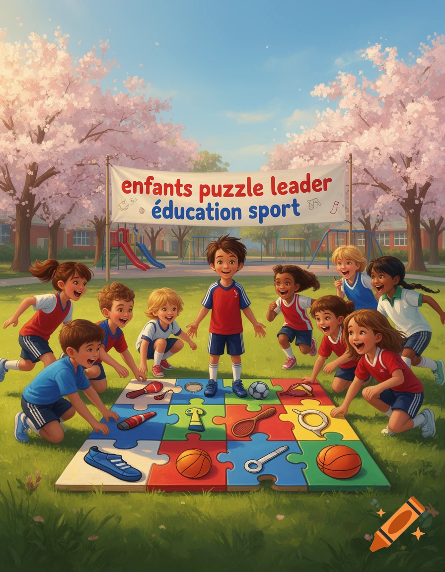 Children in sports attire play with a large colorful puzzle on grass under cherry blossom trees, with a banner in the background.