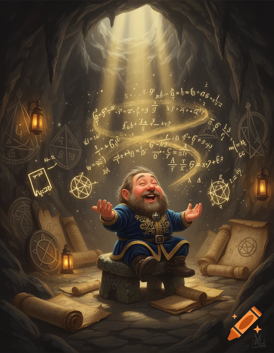 A happy, bearded dwarf in a blue robe sits on a stone stool in a glowing cave, surrounded by magical golden mathematical equations and ancient scrolls.