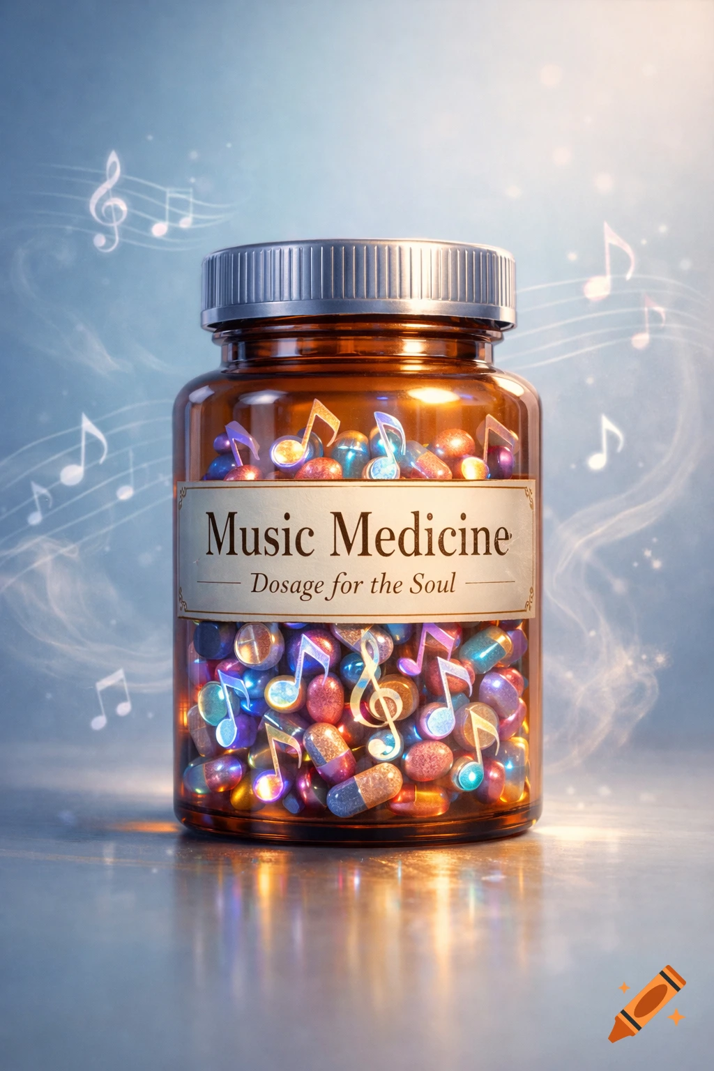 A brown pill bottle filled with colorful musical note pills, labeled 'Music Medicine, Dosage for the Soul,' with musical notes floating around.