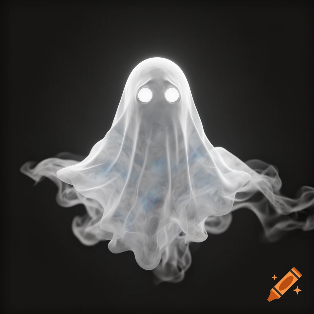 A white, ethereal ghost with glowing eyes floats against a dark background, resembling a sheet of smoke.