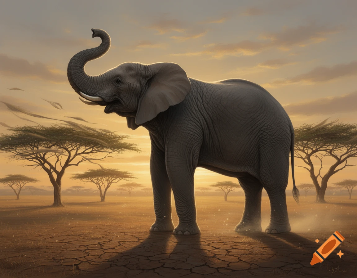 An elephant with its trunk raised against a sunset sky in a cracked savannah landscape with acacia trees.