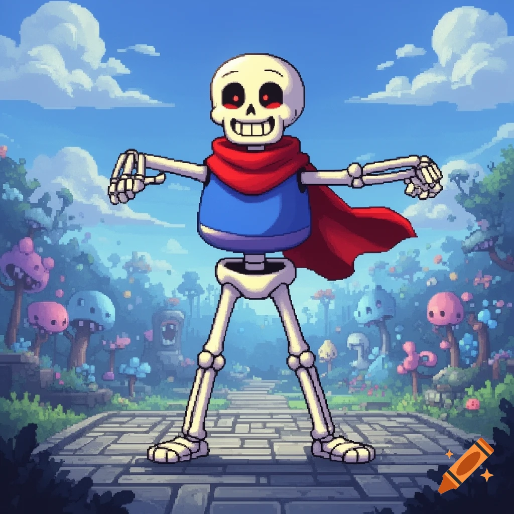 A pixel art image of Papyrus from Undertale, a skeleton in a red scarf, T-posing on a path in a whimsical fantasy landscape.