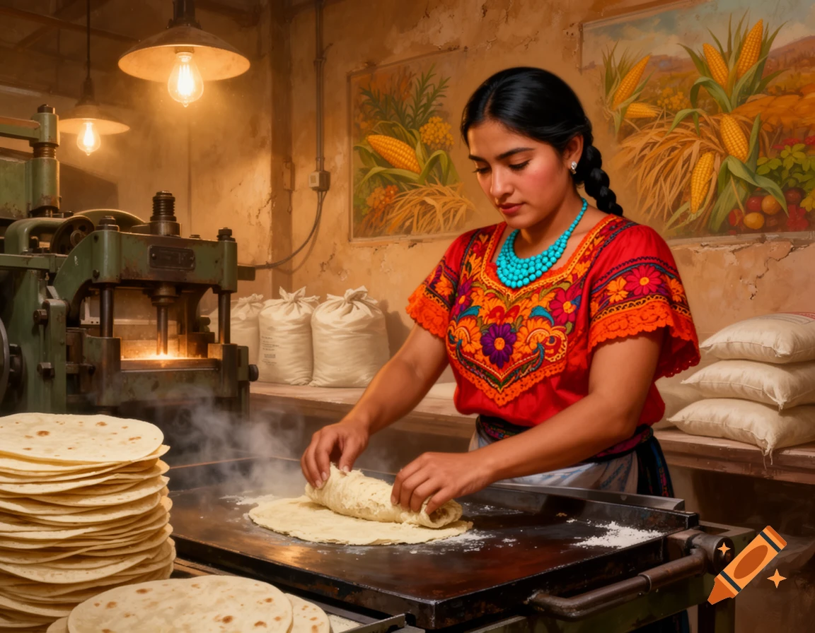 An indigenous Mexican woman in a vibrant embroidered shirt making tortillas in a factory, with corn artwork on the wall.
