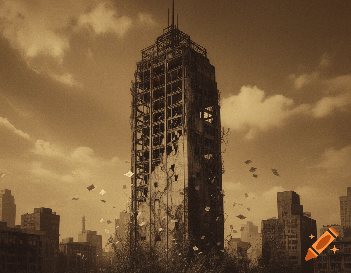 A sepia-toned photorealistic image of a severely damaged, abandoned skyscraper with vines growing on it, and papers floating in the cloudy sky.