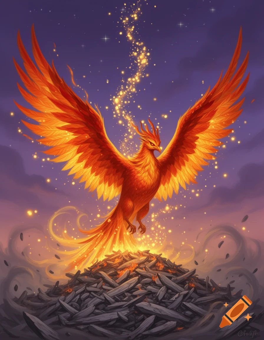 A magnificent orange and red phoenix with outstretched wings rises from a glowing pile of ashes under a starry purple sky.