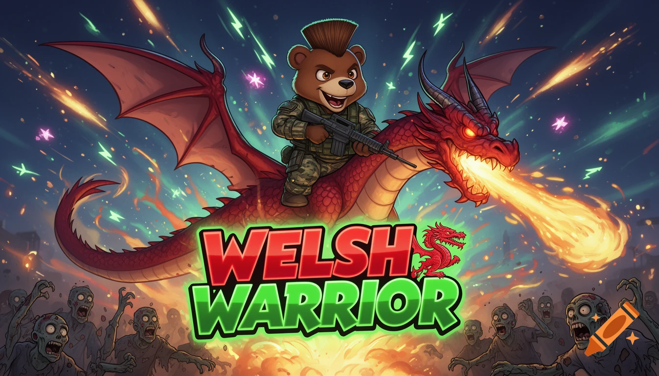 Cartoon bear soldier on a fire-breathing red dragon, flying over recoiling zombies, with 'Welsh Warrior' title.