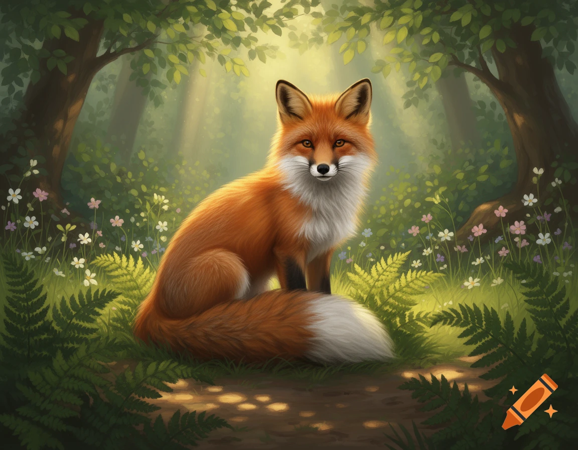 A red fox with a fluffy white chest and tail tip sits in a sun-dappled forest clearing surrounded by ferns and small flowers.