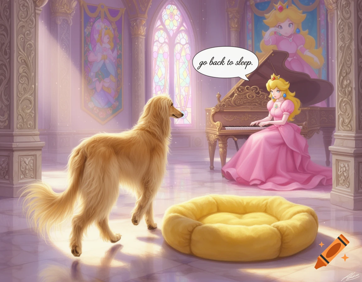 Princess Peach plays a golden piano in a grand castle, telling a Golden Afghan hound standing by its yellow dog bed to go back to sleep.