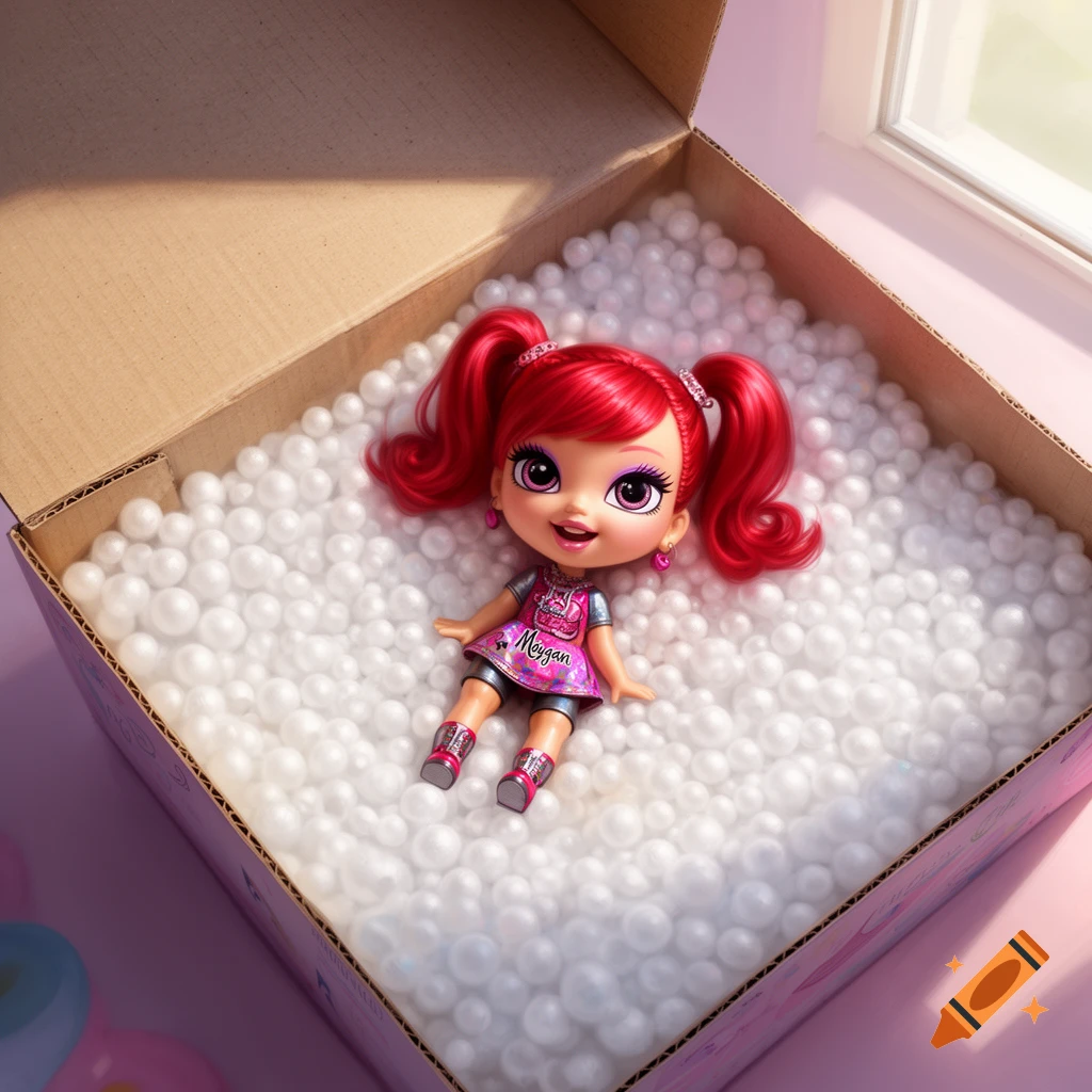 A cheerful, red-haired doll with pigtails and a pink dress lies in a cardboard box filled with white packing peanuts.