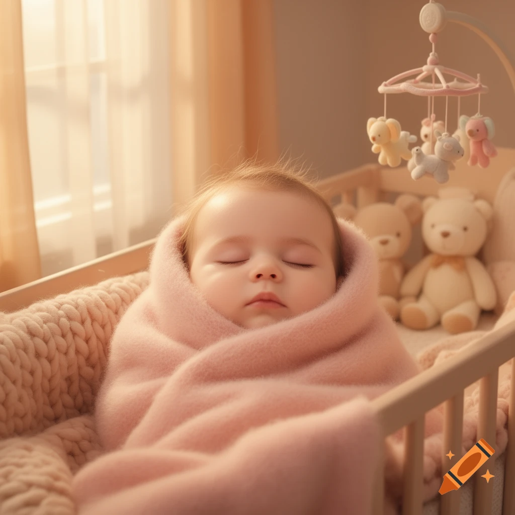 A newborn baby wrapped in a pink blanket, sound asleep in a crib, with a mobile and teddy bears in the background.