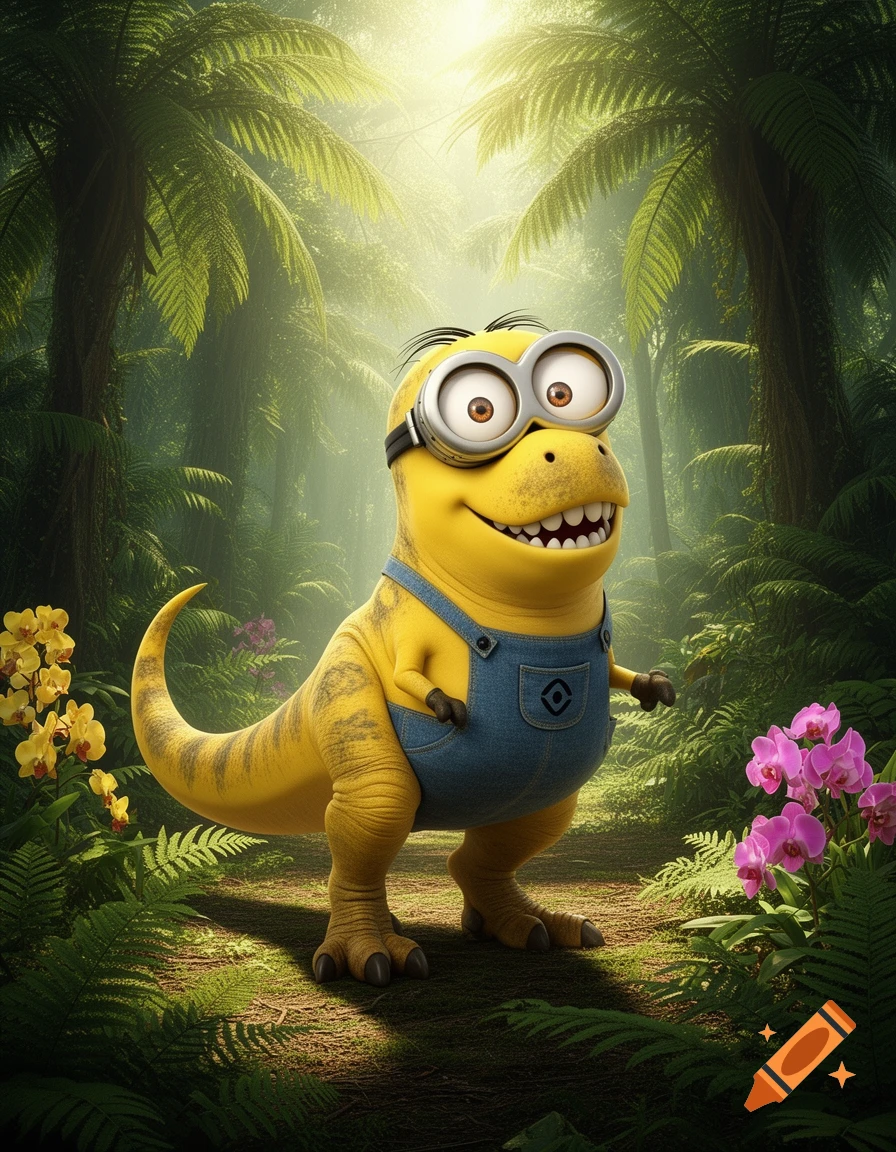 A yellow Minion-T-Rex hybrid wearing blue overalls smiles in a lush jungle with colorful orchids.