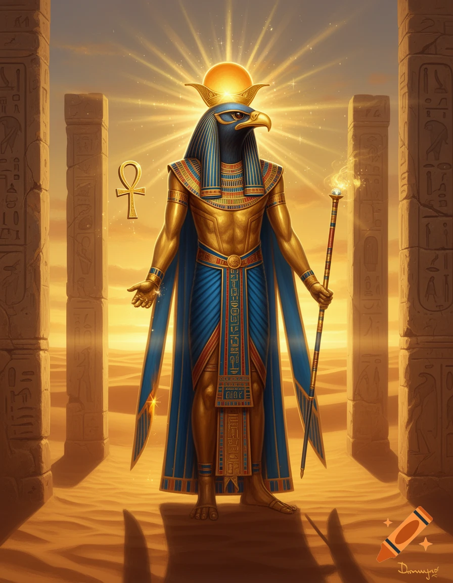 Radiant hawk-headed Egyptian god Ra, in golden armor and blue kilt, holding a staff, stands in a desert between hieroglyph-carved pillars with an ankh symbol.