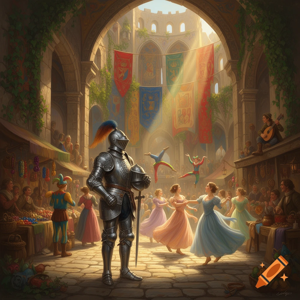 A knight in gleaming armor stands prominently in a sunlit medieval ...