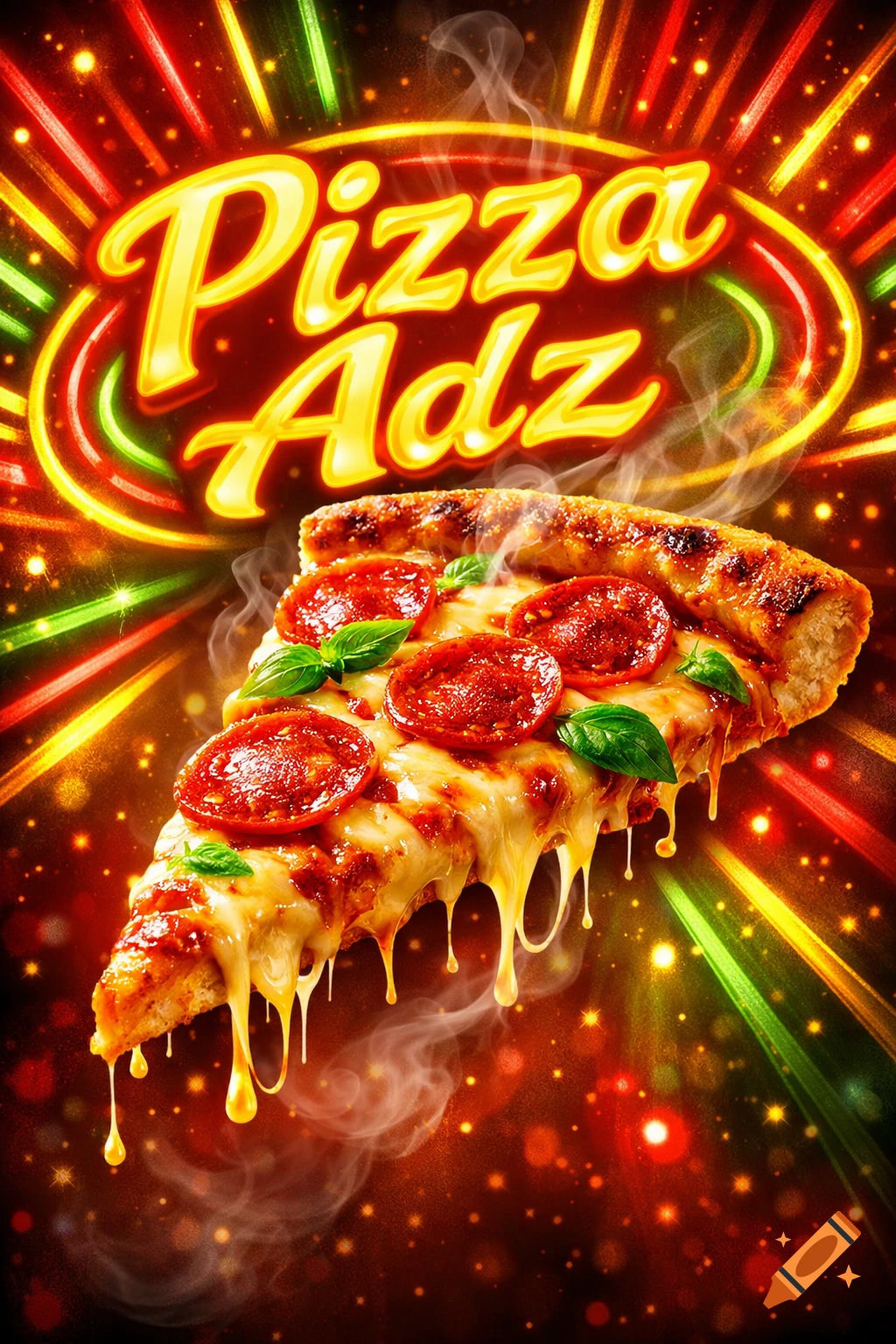 Vibrant close-up of a steaming pepperoni pizza slice with melted cheese and basil leaves, against a neon background with 'Pizza Adz' text.