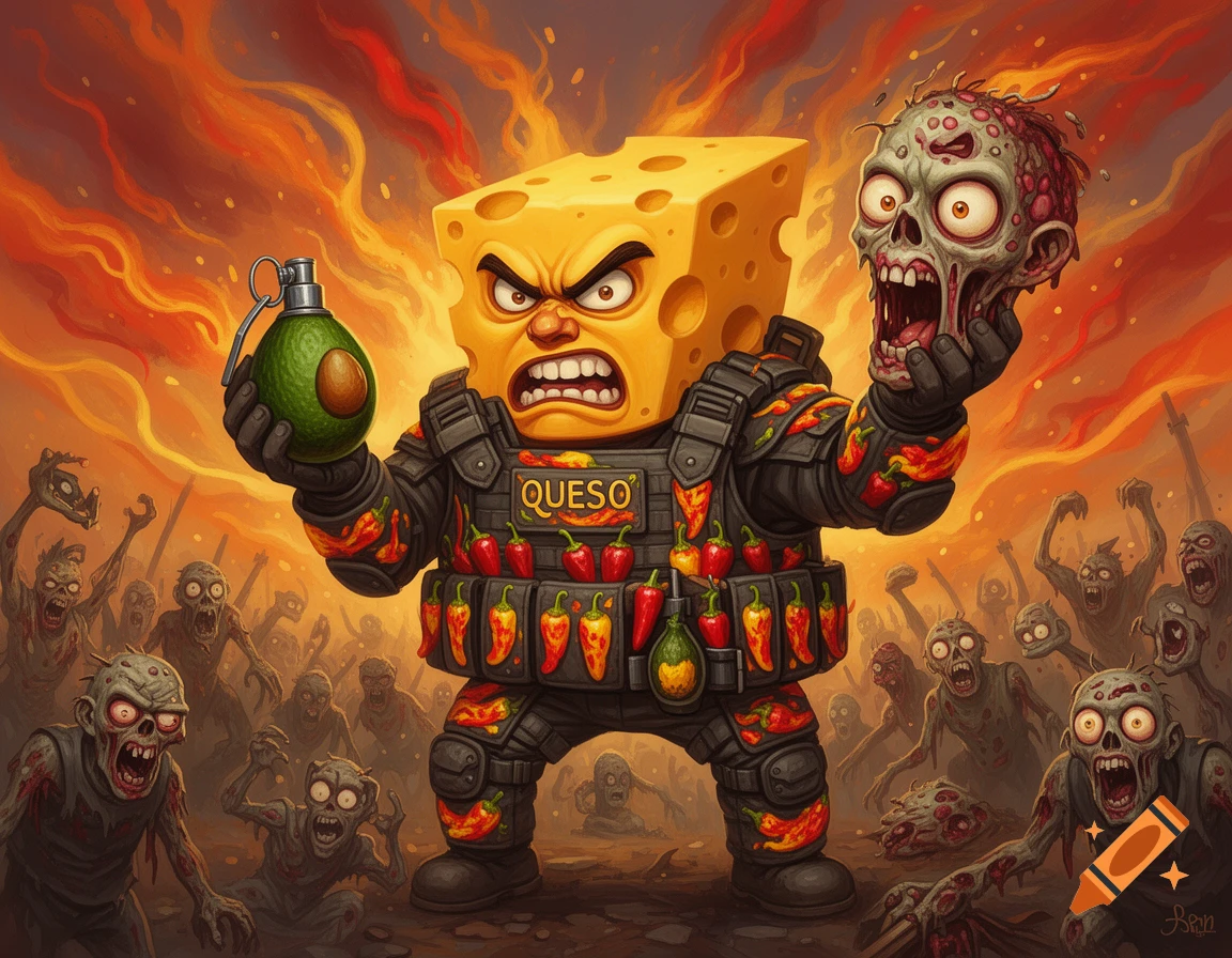 A cartoon angry tactical cheese soldier holds an avocado grenade and a zombie head on a fiery battlefield filled with zombies.