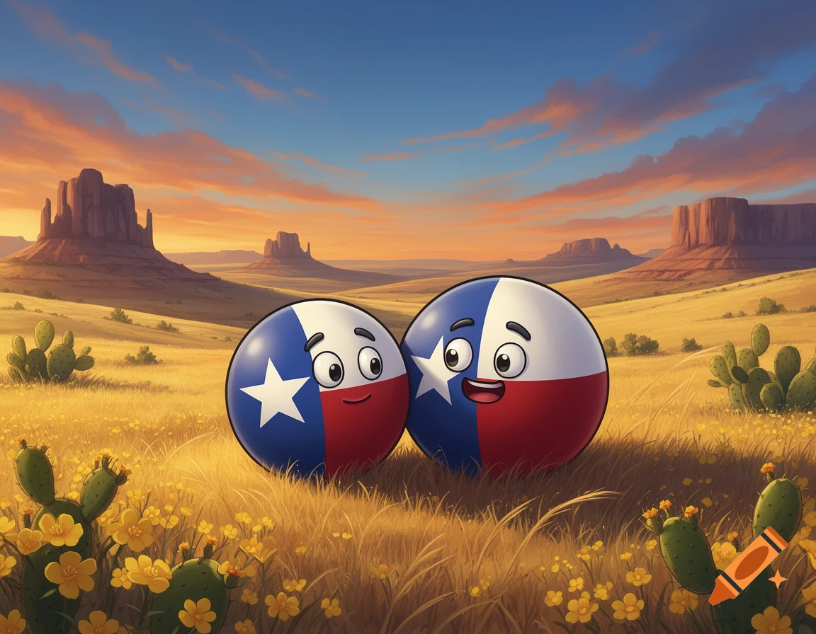 Two happy Texas flag countryball characters smiling in a sunny desert landscape with cacti and mesas.