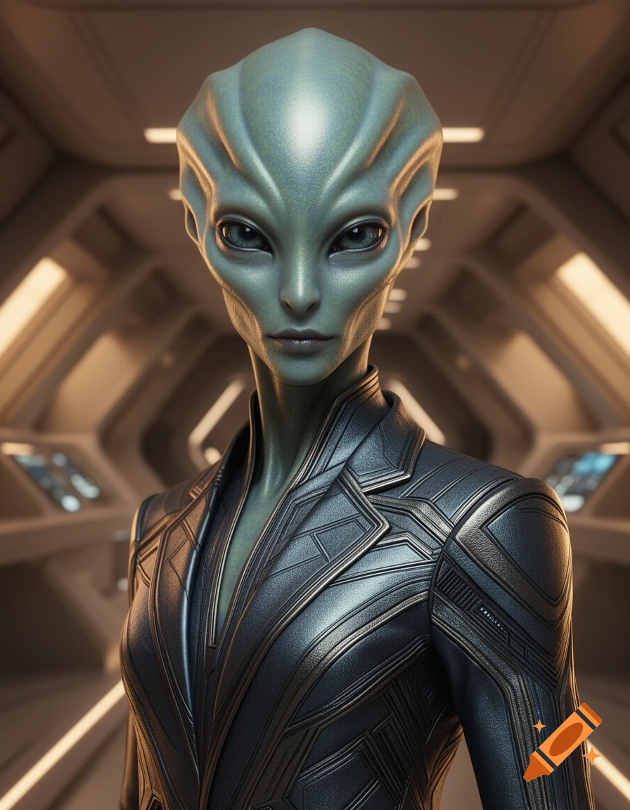 A sleek grey-green alien in a dark, futuristic suit stands in a ...