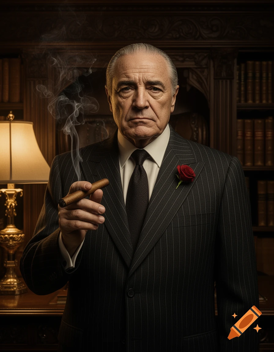 Photorealistic portrait of a stern older man in a pinstripe suit with a red rose, smoking a cigar in a dimly lit study.