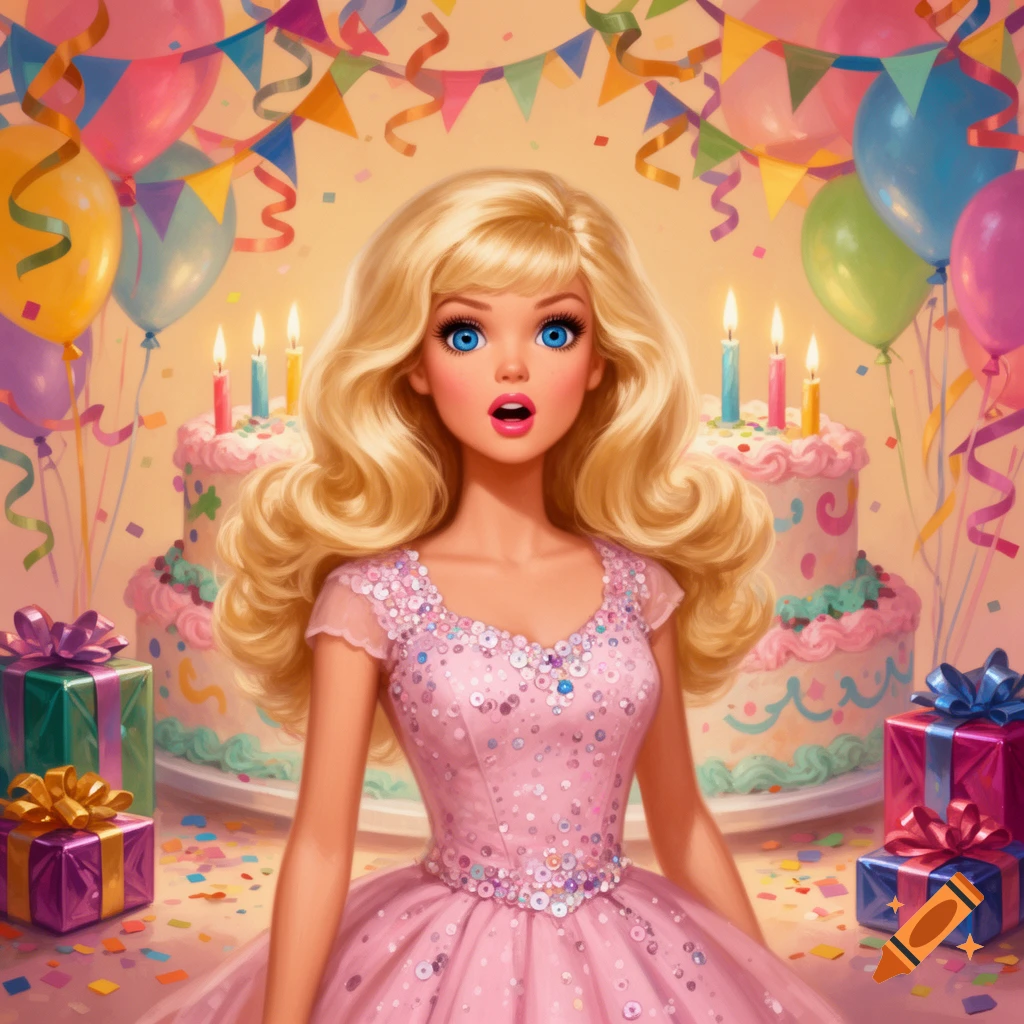 A blonde Barbie doll with a shocked expression in a pink sequined dress at a colorful birthday party with balloons, confetti, cakes, and gifts.