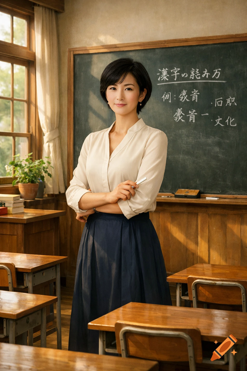 A Japanese woman teacher with short black hair stands in a classroom, arms crossed, holding chalk, in front of a blackboard.