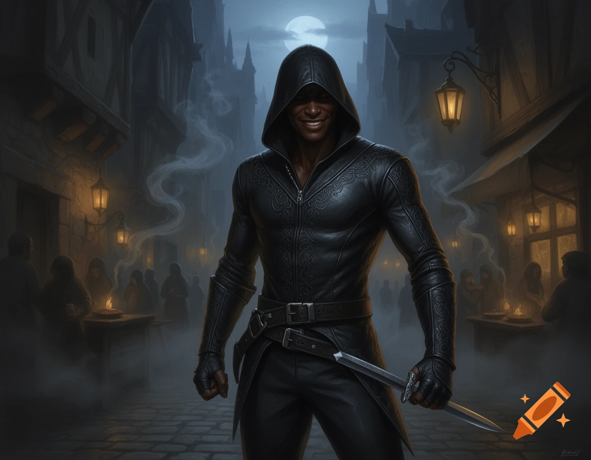A dark-skinned rogue in a black hooded leather outfit holds a dagger, smiling faintly in a misty, moonlit medieval alley.