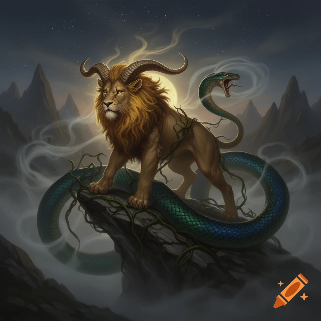 A majestic mythical creature with a lion's body, ram horns, and a snake's tail stands on a rocky peak under a moonlit sky.