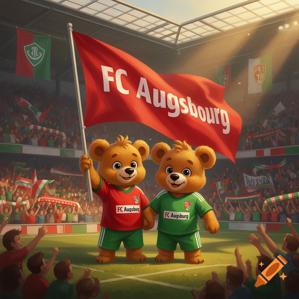 Two cartoon bear mascots in soccer uniforms in a stadium, one holding a large red flag that says 'FC Augsburg', cheered by a crowd.