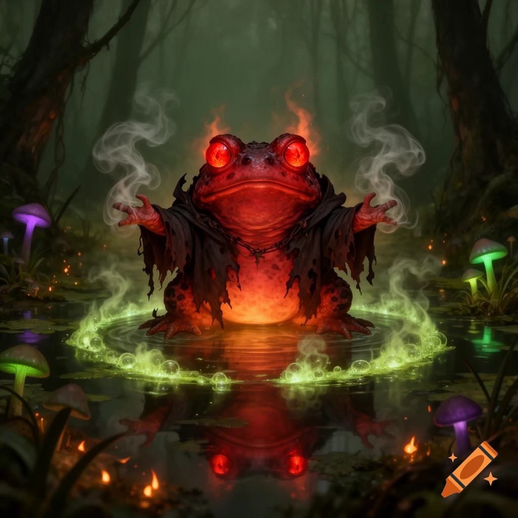 A glowing red fire toad with bright red eyes and a dark, tattered cloak, sitting in a pool of water in a misty forest, surrounded by green glowing magic circles and white smoke.