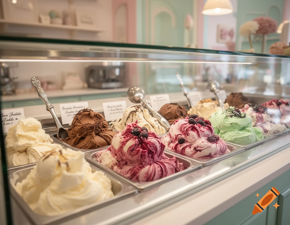 A display case filled with various flavors of ice cream, including chocolate, berry swirl, vanilla, and mint green, in a brightly lit dessert shop.