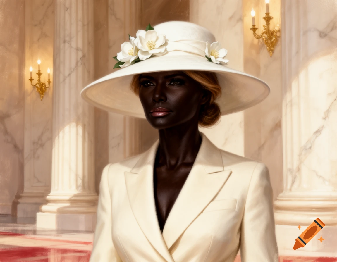 A woman with dark skin, wearing a white wide-brimmed hat with white flowers and a cream suit, stands in a grand hall with marble pillars.