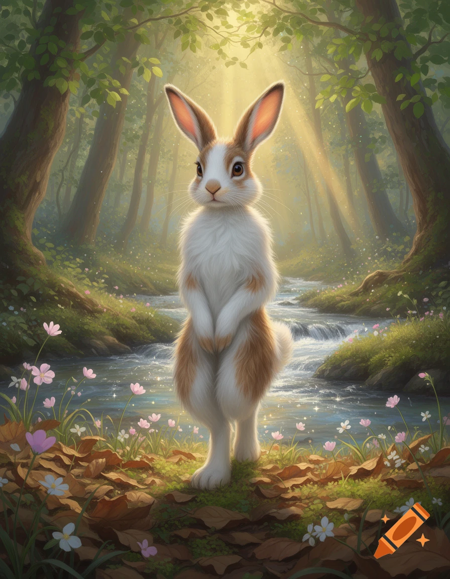A fluffy bipedal rabbit stands in a sunlit fantasy forest by a ...