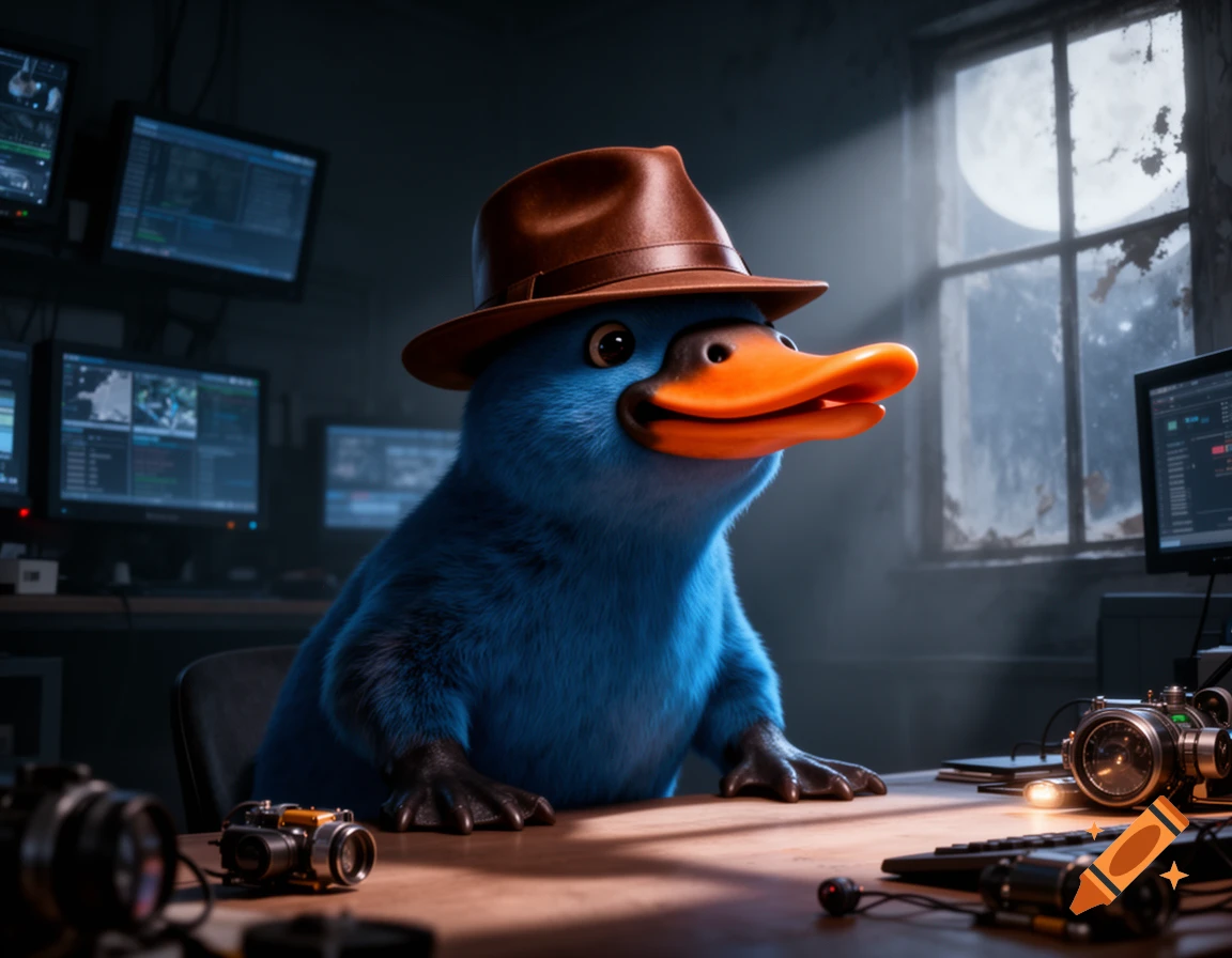 A blue, furry platypus-like creature in a fedora sits at a desk in a dark room filled with computer monitors and cameras.