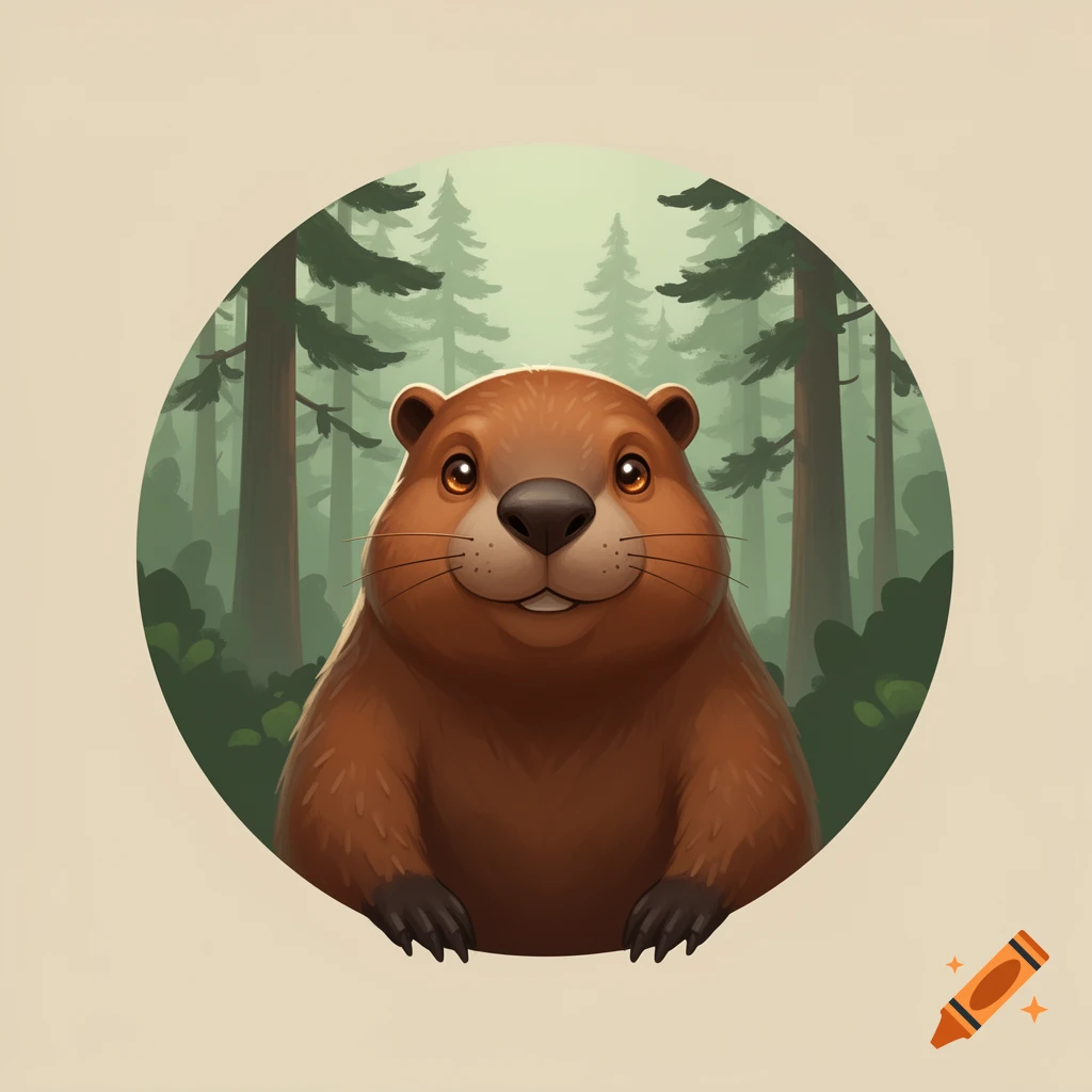 A friendly, brown digital art beaver with big eyes, peeking from a green woodland forest background, in a circle avatar.