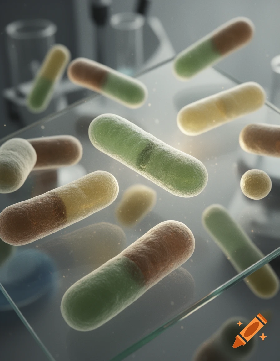Photorealistic microscopic view of rod-shaped microorganisms, some bicolored, on a glass slide with blurred lab equipment in the background.