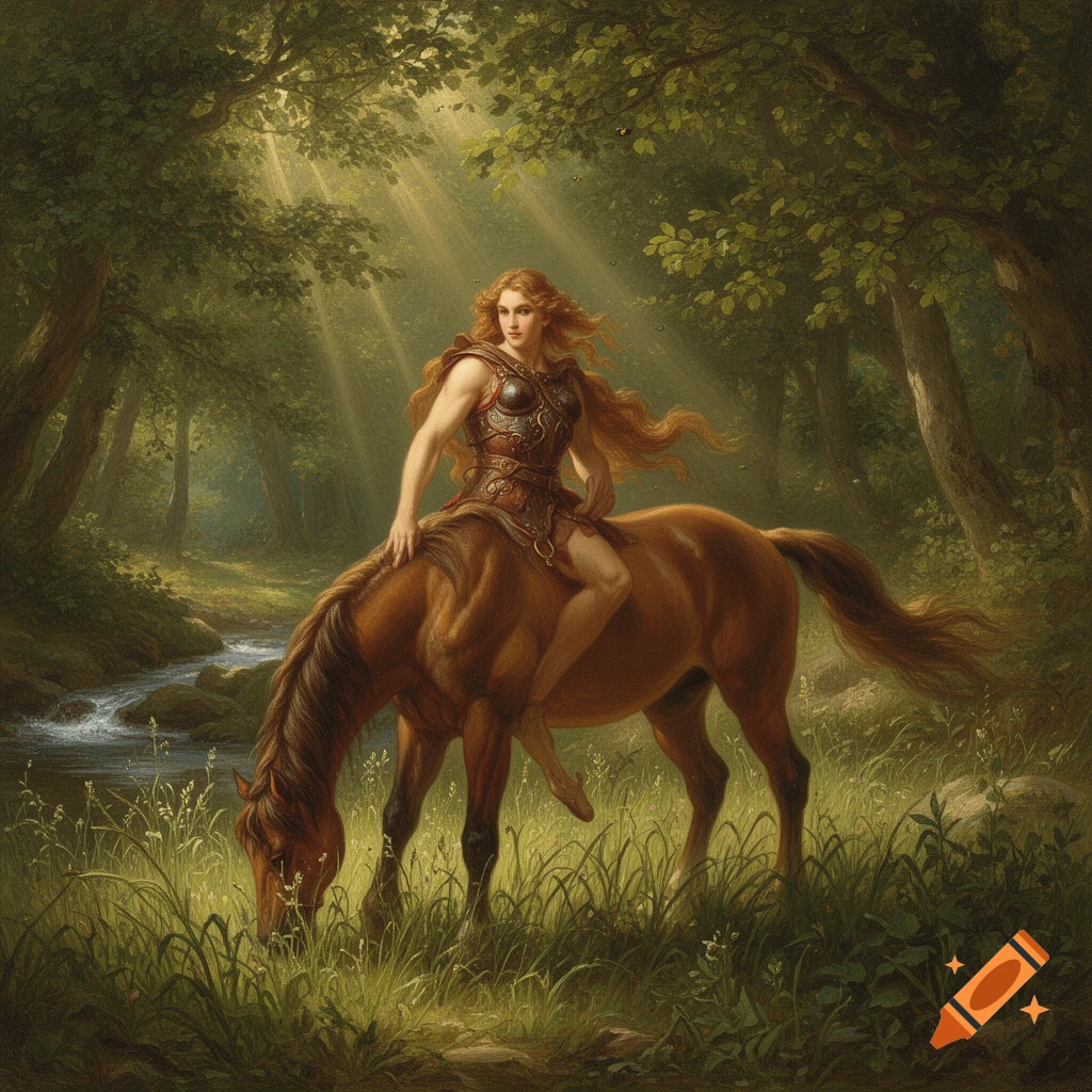 A female centaur in ornate armor rides through a sun-dappled forest, her horse-body grazing by a stream in a classical painting style.