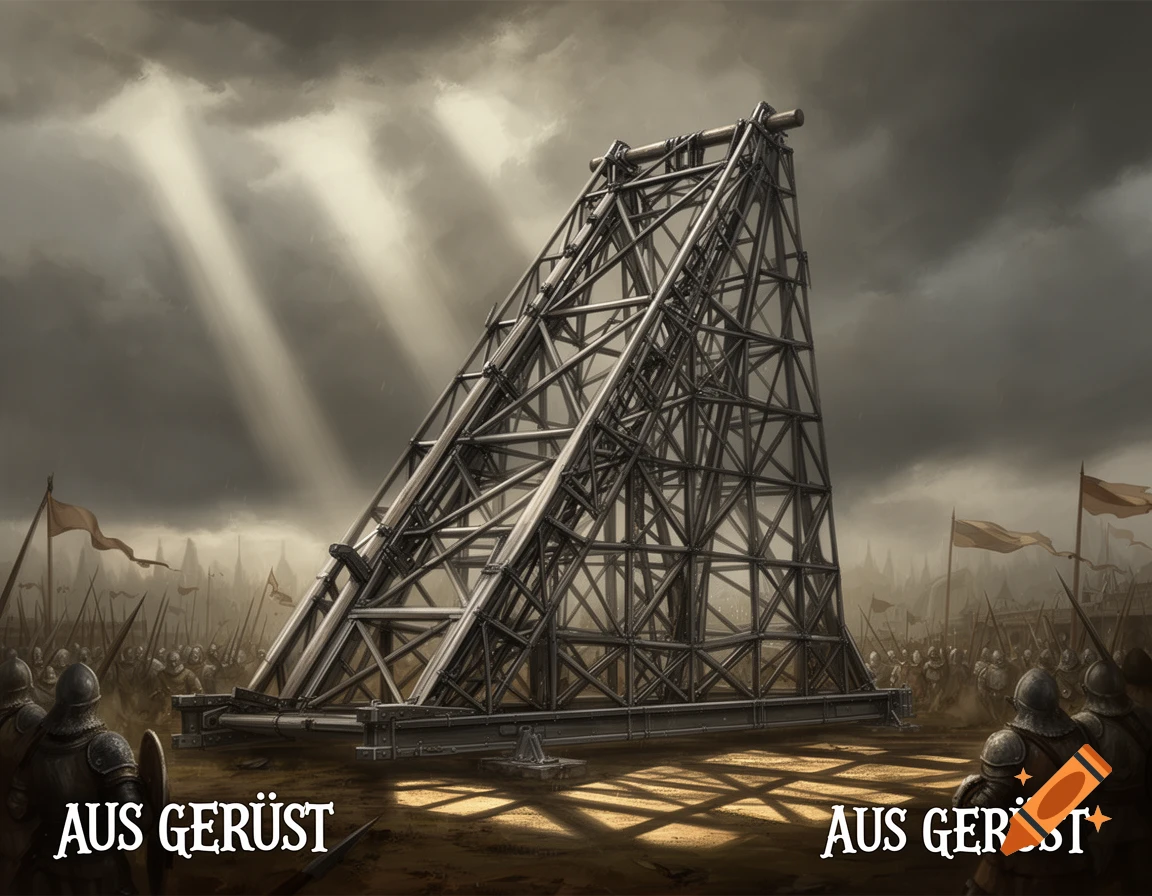 A large scaffold-like trebuchet frame stands on a battlefield with soldiers under dramatic sunlit clouds. Text reads "AUS GERÜST".
