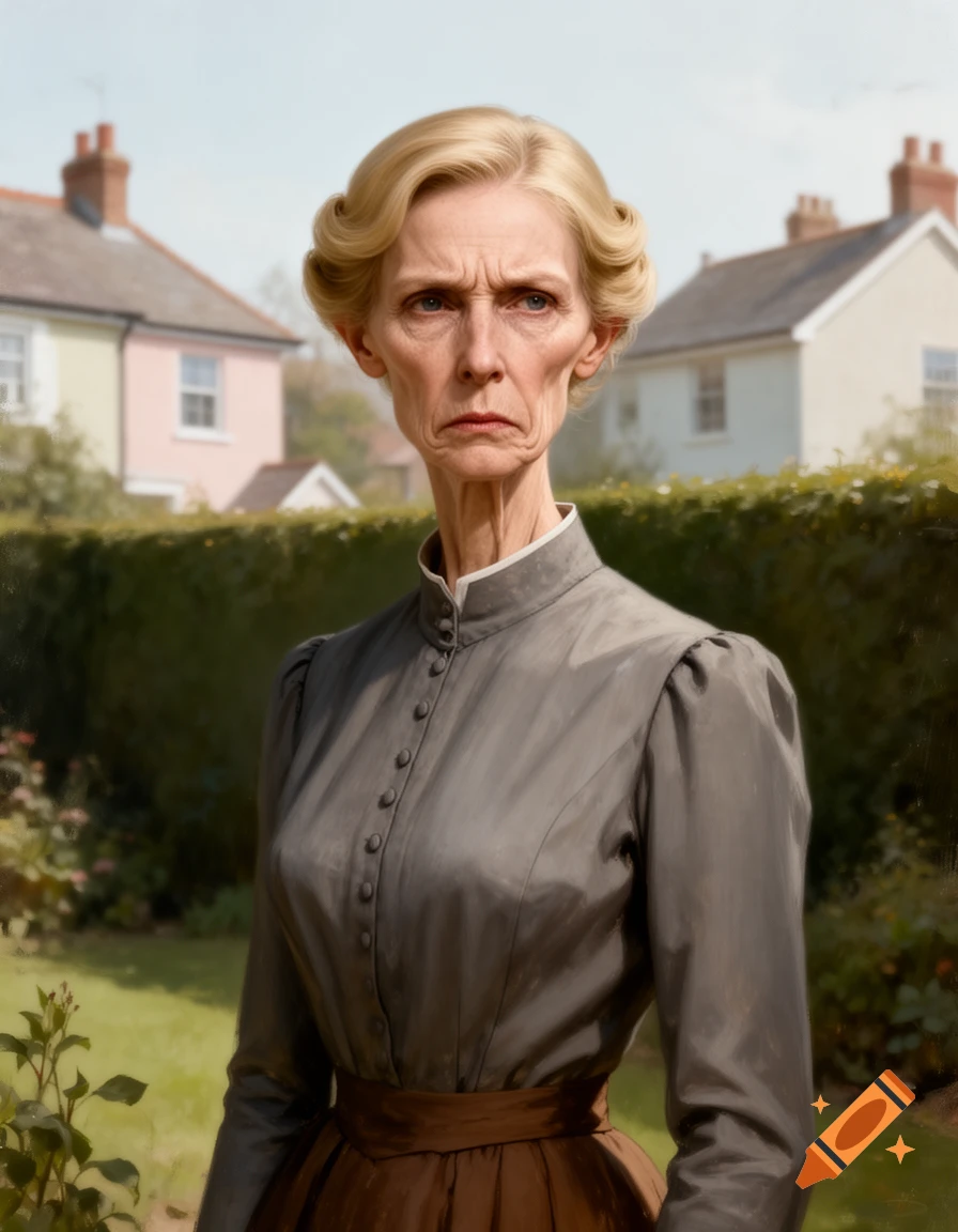 A stern, bony middle-aged woman with blonde hair in a grey dress stands in a British suburban garden.