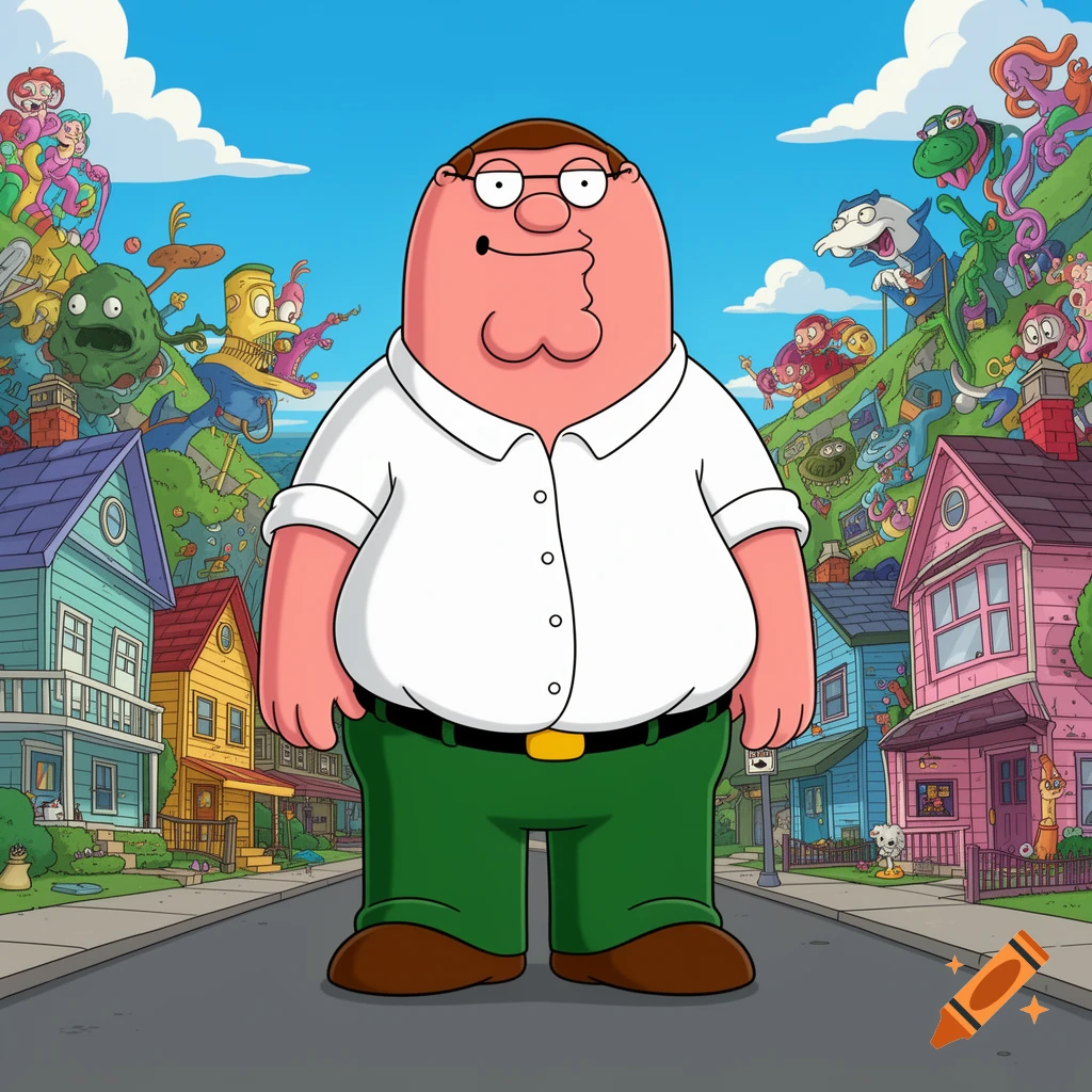 Cartoon Peter Griffin stands on a street in a colorful neighborhood with whimsical creatures on hills in the background.