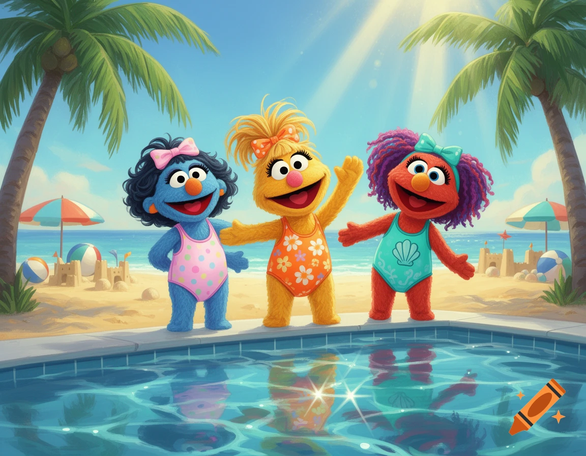 Three colorful Sesame Street muppets, Elizabeth, Zoe, and Rosita, in swimsuits by a pool at a sunny beach.