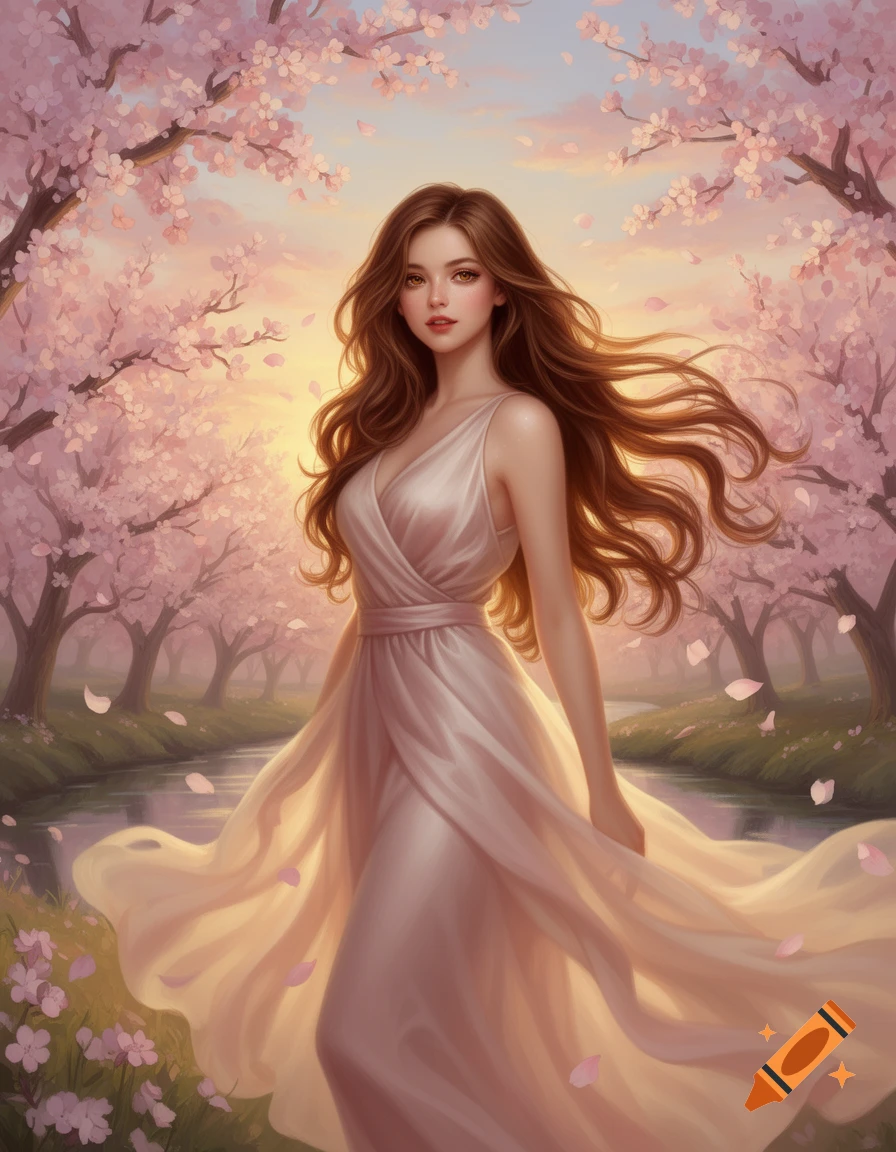 A beautiful woman with long brown hair in a flowing white dress stands ...