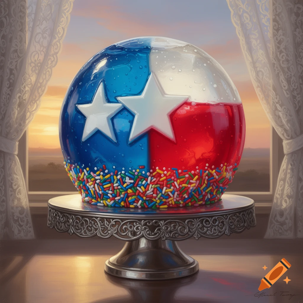 A sphere-shaped jelly and sprinkle cake resembling the Texas flag sits on an ornate silver cake stand, framed by window curtains at sunset.